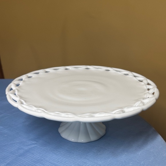 Pitman Dreitzer Milk Glass Cake Plate Colony Lace Edge 13.75” Pedestal